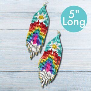 Rainbow Daisy Beaded Earrings 5 inch Long Fringe Boho Style Bead Earrings NEW
